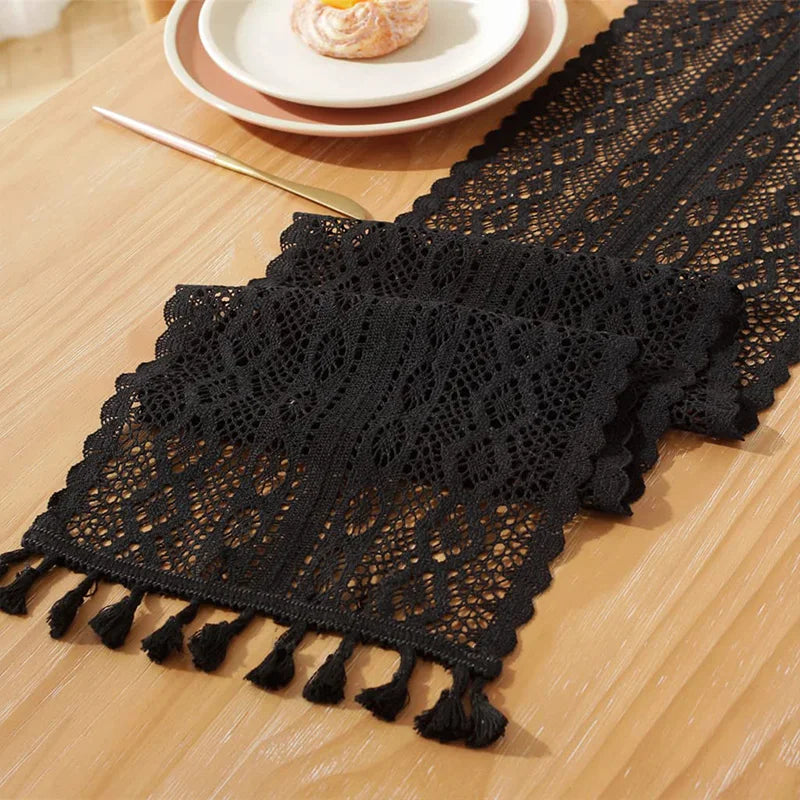 Table Runner Beige Christmas Crochet Lace Cotton Blended Fabric with Tassel For Coffee Table Decor Wedding Decoration