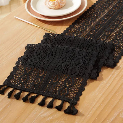 Table Runner Beige Christmas Crochet Lace Cotton Blended Fabric with Tassel For Coffee Table Decor Wedding Decoration