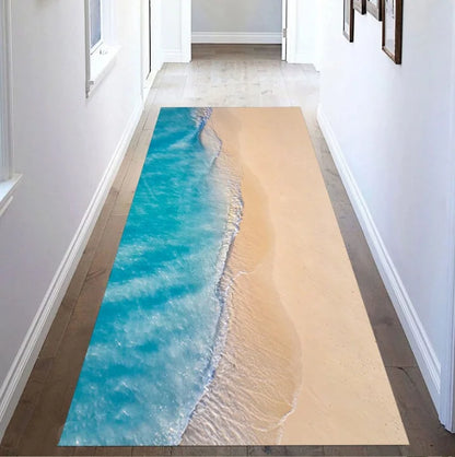 Abstract Ocean Runner Rug Coastal Wave Pattern Carpet Blue Beige Floor Covering Kitchen Hallway Design Long Narrow Home Decor