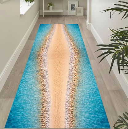 Abstract Ocean Runner Rug Coastal Wave Pattern Carpet Blue Beige Floor Covering Kitchen Hallway Design Long Narrow Home Decor
