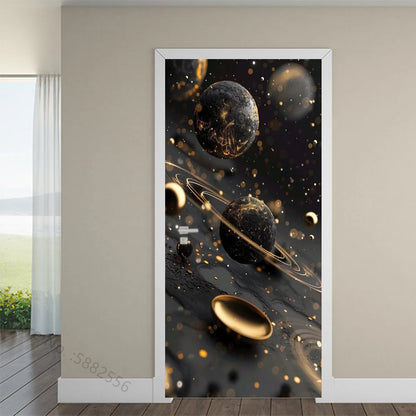 Black Art Mural Wood Texture Flower Star Waterproof Self-Adhesive Wallpaper Stickers for Door Bedroom Living Room Cabinets Decor