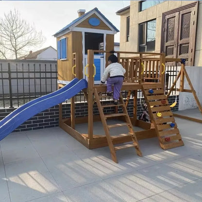 Outdoor Waterproof Wooden Playhouse With Slide Swing Set and Sandbox Kids' Playground Play House for Patio Backyard