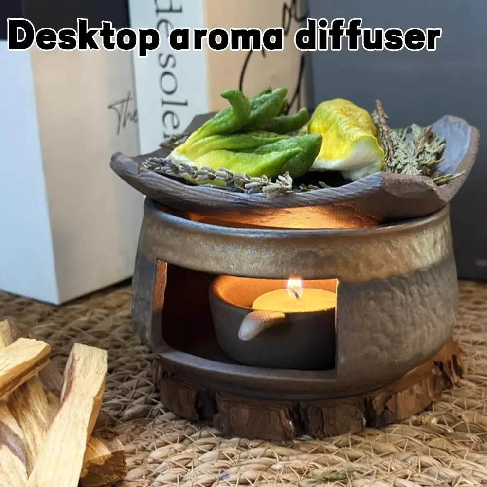 Rustic Ceramic Home Tabletop Aromatherapy Burner Vintage Fireplace-Style Home & Office Tea Warmer Retro Candle Warmer Insulated