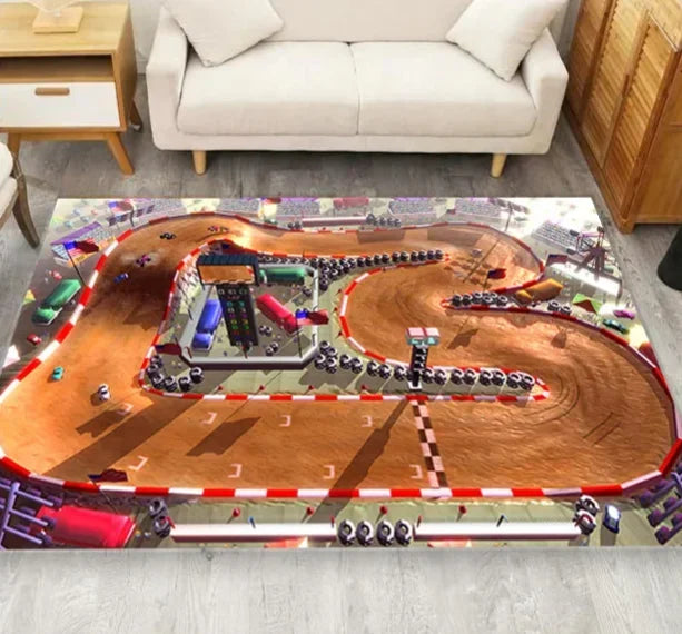 Race Track Play Rug Kids Playroom Kilim Base Racetrack Room Rug Non-Slip Car Play Mat Living Room Bedroom Home Decor Carpet