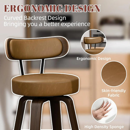 Bar Stools Set of 3, Brown Leather 26'' Swivel Counter Height Bar Stools, Modern Bar Stools with Back & Wood Legs,, Customized