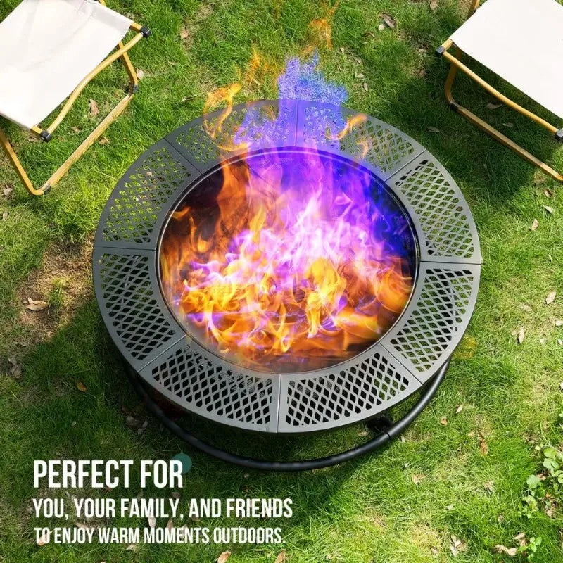 36 Inch Wood Burning Fire Pit with Grill: Outdoor Fire Pits with Lid & Fire Poker, 3 in 1 Round Metal Firepit Table with
