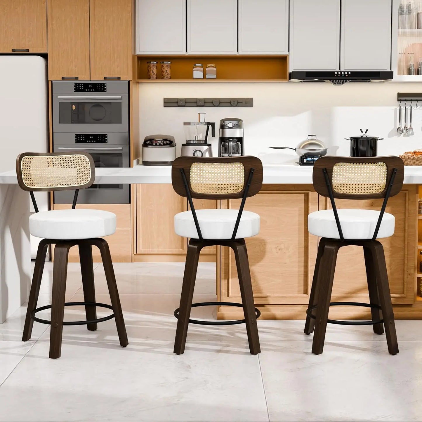 Bar Stools Set of 3, Brown Leather 26'' Swivel Counter Height Bar Stools, Modern Bar Stools with Back & Wood Legs,, Customized