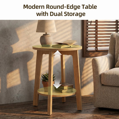 JHK Wood Round Side Tables Coffee Table For Living Room 2-Tier Center Counter with Storage Shelf Bedside Nightstand with Non-Slip Pads