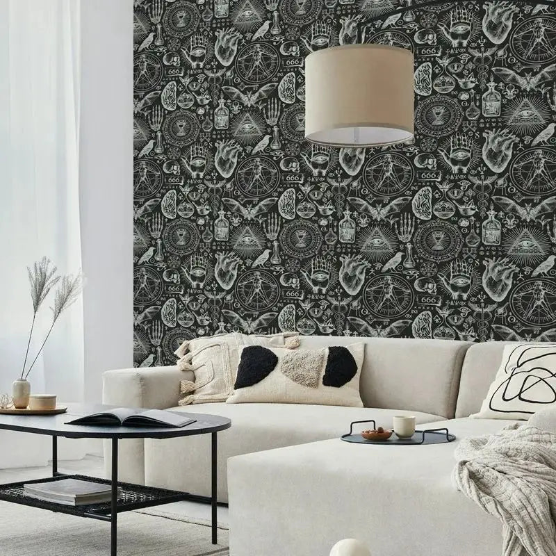 Witchcraft Wallpaper,Dark Black Background Peel and Stick Wallpaper Roll,Mystical Allure,Traditional Non-Woven Paper Wall Art