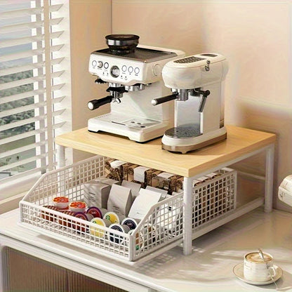 Space-Saving Kitchen Countertop Organizer Made of Sturdy Hardwood with Drawer and Wire Basket for Coffee Maker