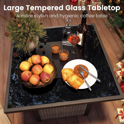 27" Square Rattan Propane Fire Pit Table with Glass Wind Guard Tempered Lid 50000 BTU CSA for Patio Deck Garden Customized