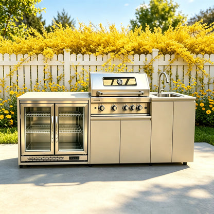 Modern Modular Practical 304 Stainless Steel Outdoor Kitchen Sets With Grill Cooktop Sink Fridge LED For Backyard Patio Garden