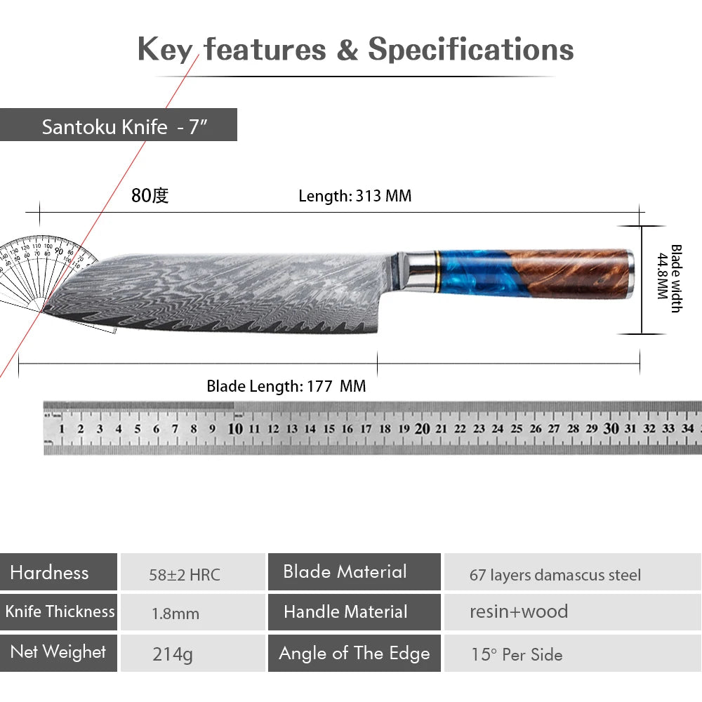 Damascus Steel High Carbon 67 Layer VG10 Chef's Knife Blue Resin Wood Handle Kitchen Chef's Knife Three-Piece Set