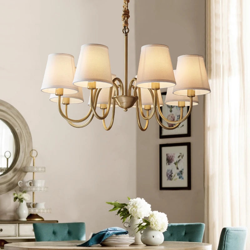 Medieval Living Room Copper Chandelier Retro Dining Room Modern Luxury Fabric Hanging Lamp Bedroom Simple Pendant Lighting