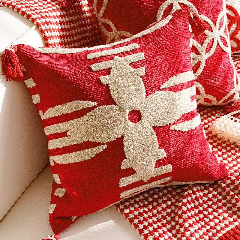 New House Red Pillows for Sofa Decoration Nordic Style Decorative Pillow Case Cover Tassels Throw Pillows with Geometric Lines