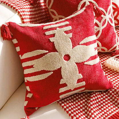 New House Red Pillows for Sofa Decoration Nordic Style Decorative Pillow Case Cover Tassels Throw Pillows with Geometric Lines