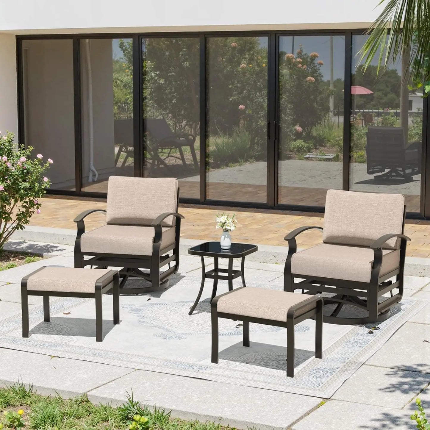 5 Piece Patio Set, Aluminum Outdoor Swivel Chairs Set of 2 with 2 Ottoman 5.1’’ High-Resilience Seat Cushions, Customized