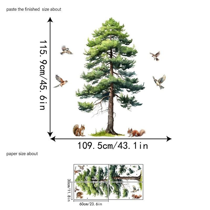 Large Pine Tree Wall Stickers Squirrel Deer Birds Forest Animal Decals Removable Vinyl Mural for Nursery Living Room Home Decor
