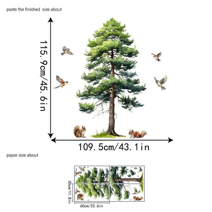 Large Pine Tree Wall Stickers Squirrel Deer Birds Forest Animal Decals Removable Vinyl Mural for Nursery Living Room Home Decor