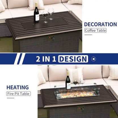43 Propane Gas Fire Pit Table, 55,000 BTU Outdoor | 2 in 1 Fire Table with Lid, Fire Glass, Glass Wind Guard & Waterproof Cover