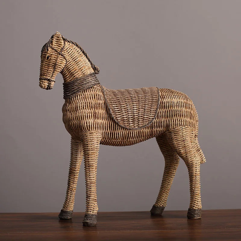 Wabi-Sabi Style Rattan Horse Resin Sculpture Vintage Animal Figurine for Living Room Bookshelf Cabinet Decor Rustic Accents