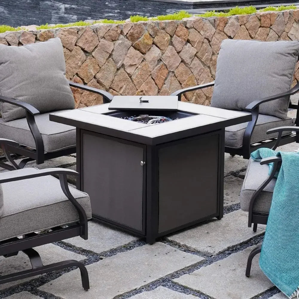 32 Inch Square Propane Gas Fire Pit Table with 50,000 BTU Heat Output and Cover for Patio Use
