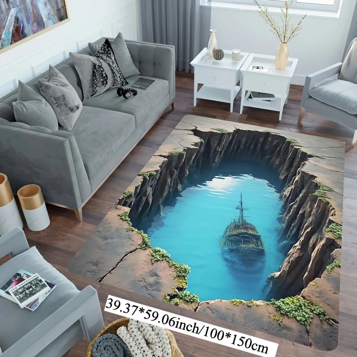 Abstract 3D Landscape Round Area Rug, Cave and Ocean Design Non Slip Floor Mat for Living Room Kitchen and Bedroom