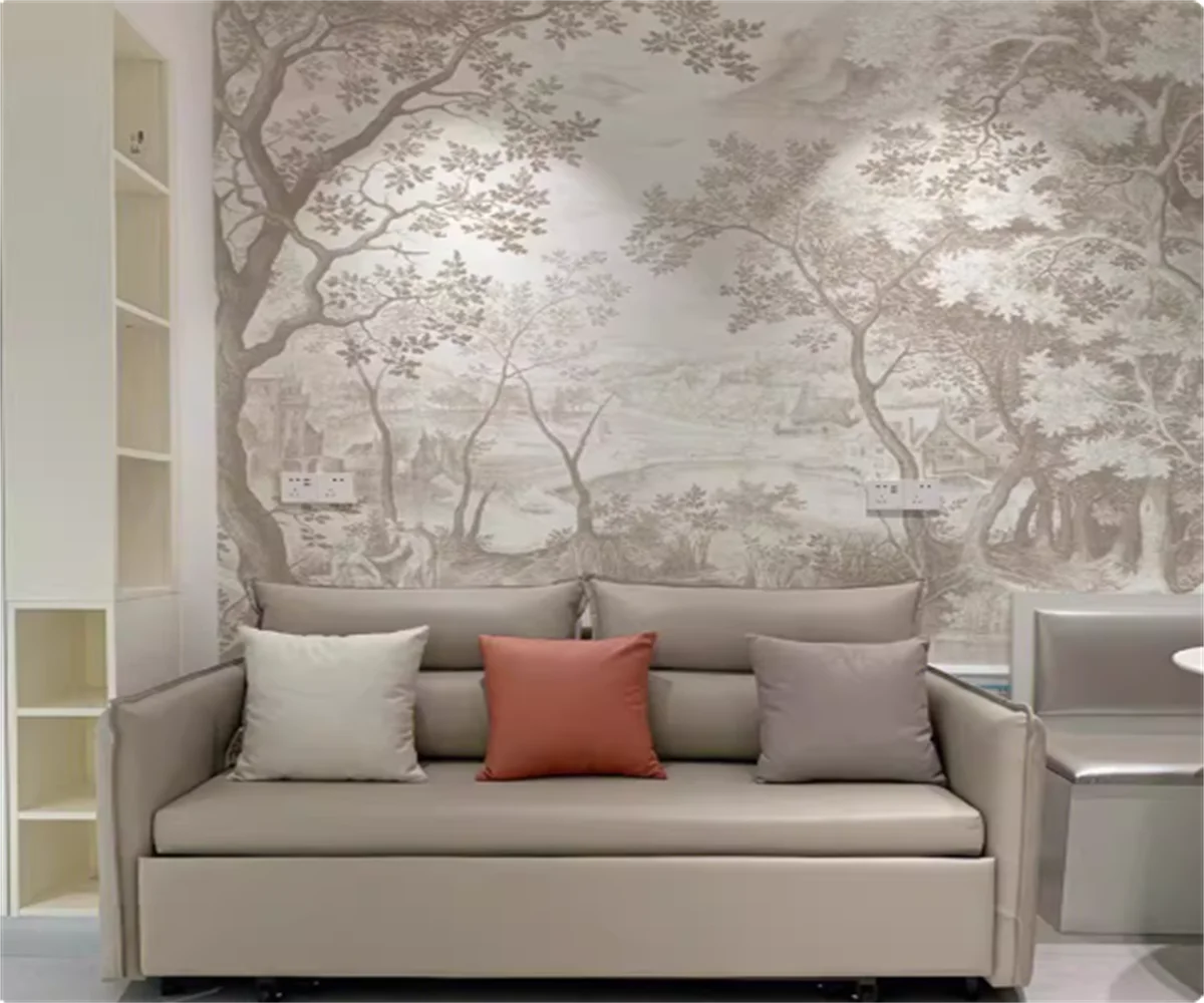 Customized French Wallpaper TV Background Wall Wallpaper Hand Drawn Black and White Forest Living Room Bedroom Papier Peint