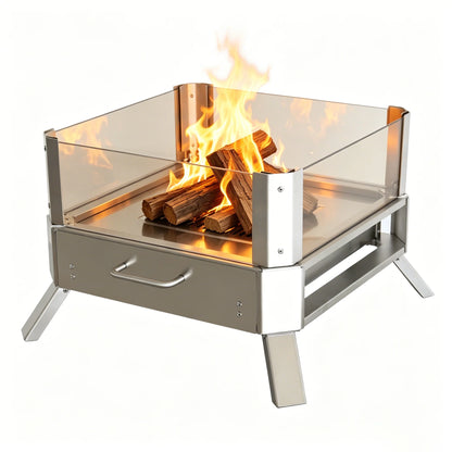 Portable Stainless Steel Fire Pit with Glass Wind Guard Outdoor Camping Fire Pit Foldable Bonfire Stove