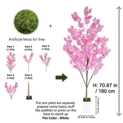 160-210cm/6.9ft Artificial Cherry Blossom Tree Plant Indoor Outdoor Ornament Fake Plant for Home Wedding Party Living Room Decor