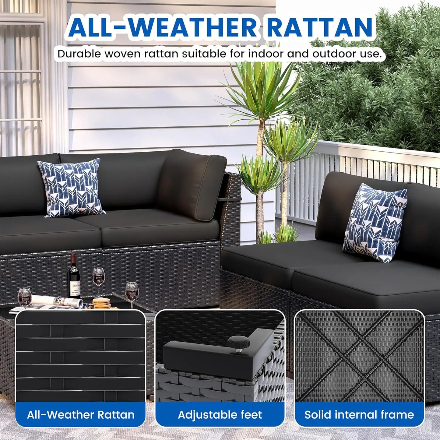 8pc Patio Set 44" Fire Pit Table All Weather Wicker Sectional Sofa Coffee Table Thickened Cushions Outdoor, Custom
