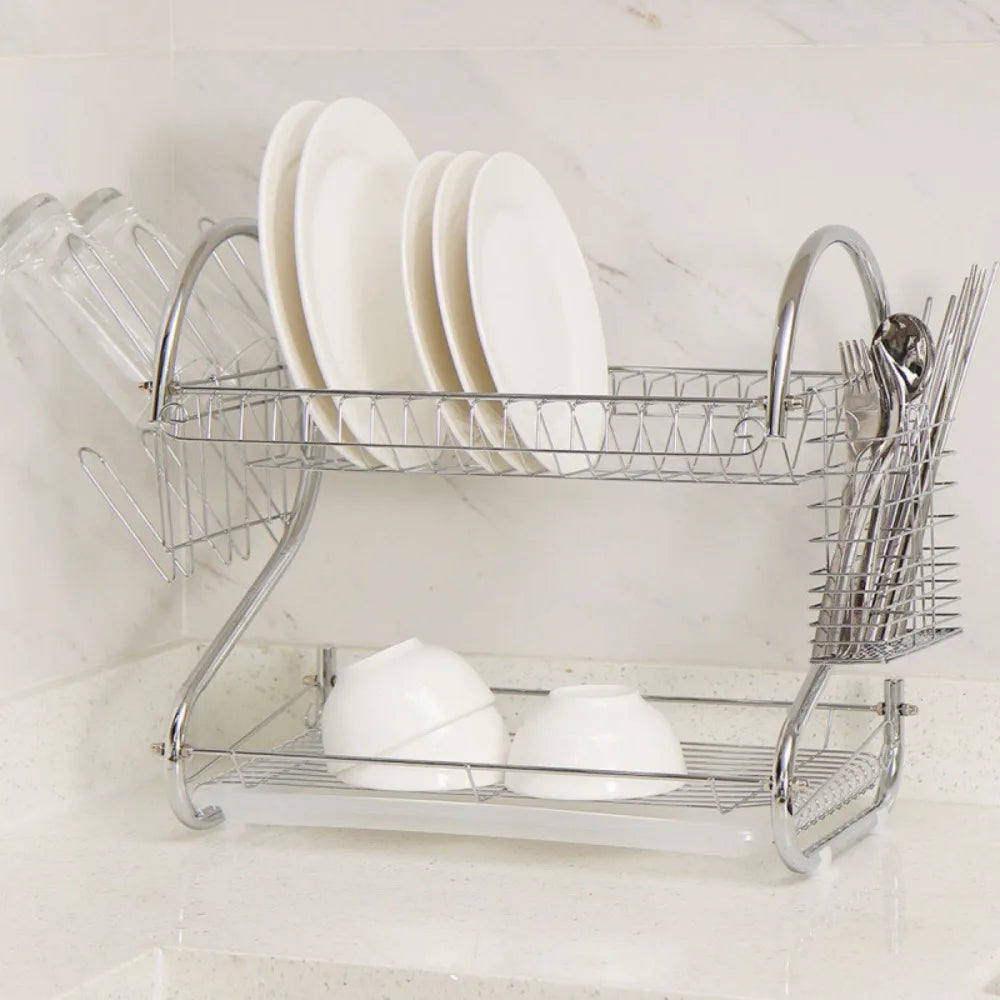 Kitchen Cutlery Organizer 2 Tier S-Shaped Dish Drainer Space-saving Metal Dish Drying Rack Stable Cup Drainer Chopsticks