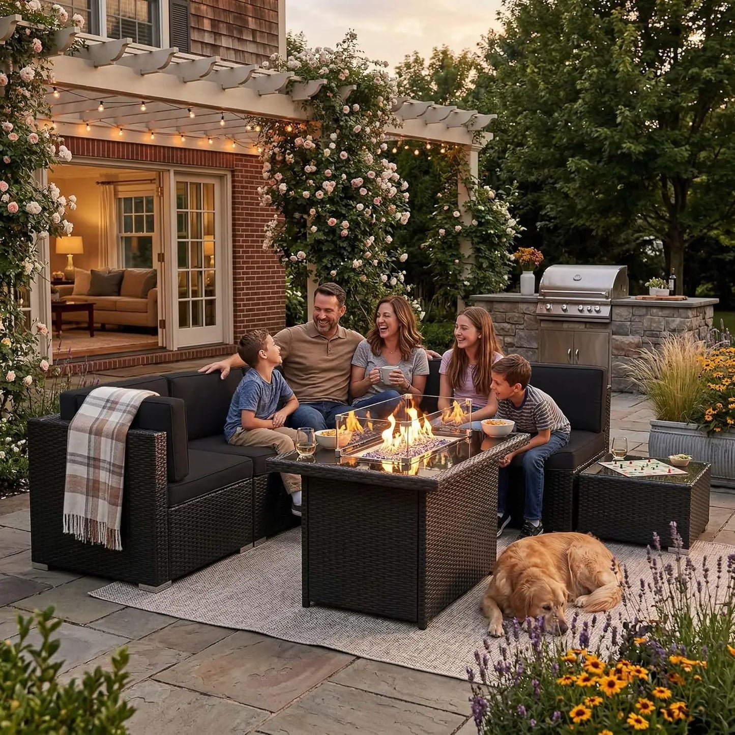 8 Pieces Patio Furniture Set with 44" Propane Gas Fire Pit Table, Outdoor Sectional Wicker Conversation Sofa Sets with Coffee Ta