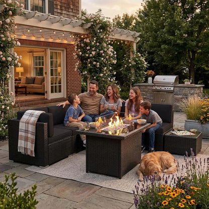 8 Pieces Patio Furniture Set with 44" Propane Gas Fire Pit Table, Outdoor Sectional Wicker Conversation Sofa Sets with Coffee Ta