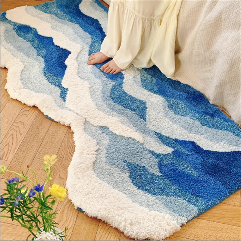50x120cm Ocean Wave Soft Plush Runner Rug Blue White Gradient Tufted Floor Mat for Bedroom Living Room Home Decor