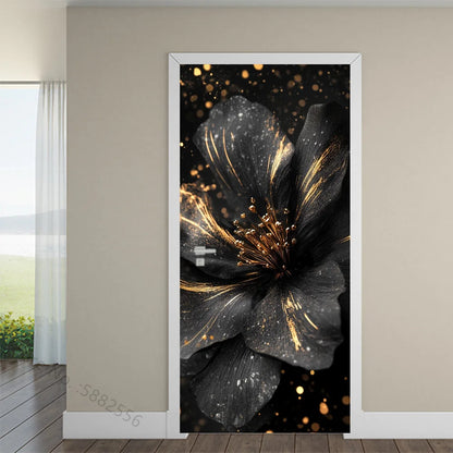 Black Art Mural Wood Texture Flower Star Waterproof Self-Adhesive Wallpaper Stickers for Door Bedroom Living Room Cabinets Decor