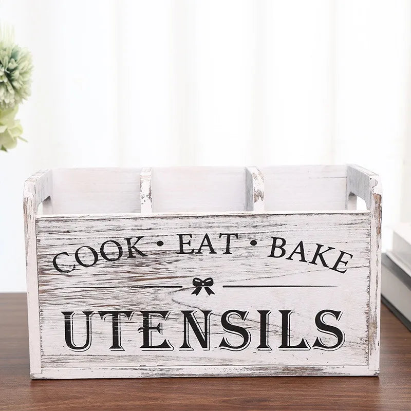 1pc Rustic Wooden Kitchen Utensil Holder - 3-Compartment Countertop & Wall-Mounted Organizer for Forks, More - Space-Saving