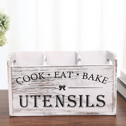 1pc Rustic Wooden Kitchen Utensil Holder - 3-Compartment Countertop & Wall-Mounted Organizer for Forks, More - Space-Saving