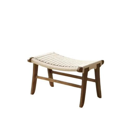 Handcrafted Solid Wood Woven Low Stool Rope-Woven Rattan Footrest Bench for Home Dining Entryway Bed-End