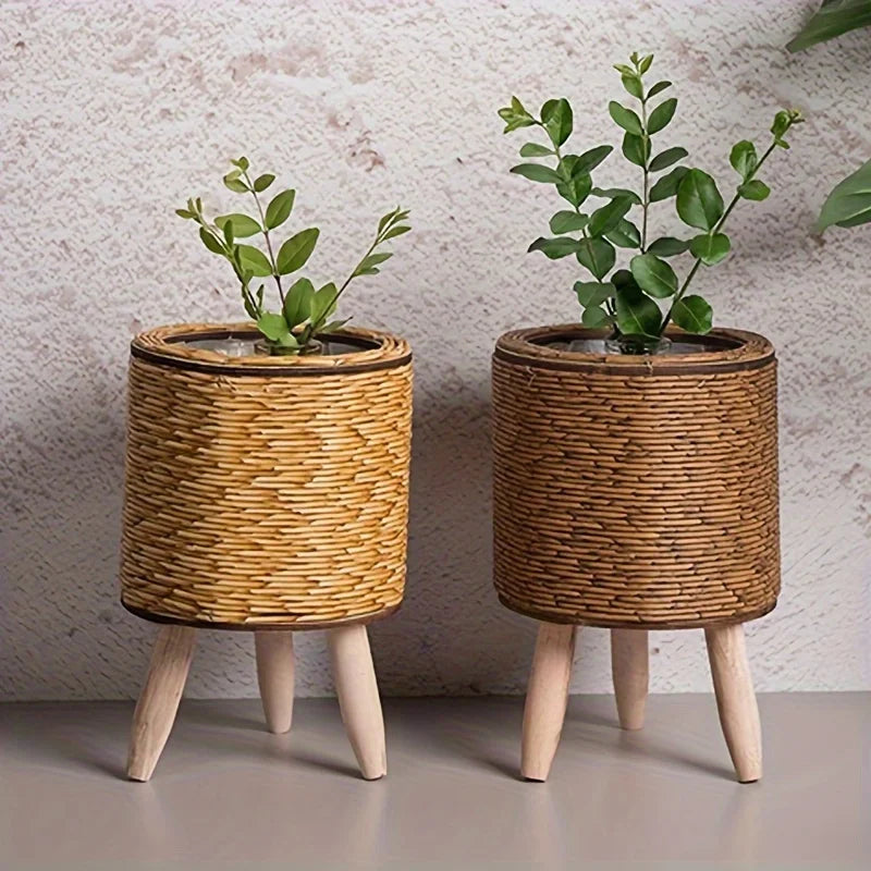 Charming Rustic Rattan Planter With Wooden Legs - Versatile Woven Storage Basket For Indoor/Outdoor Plants & Decor