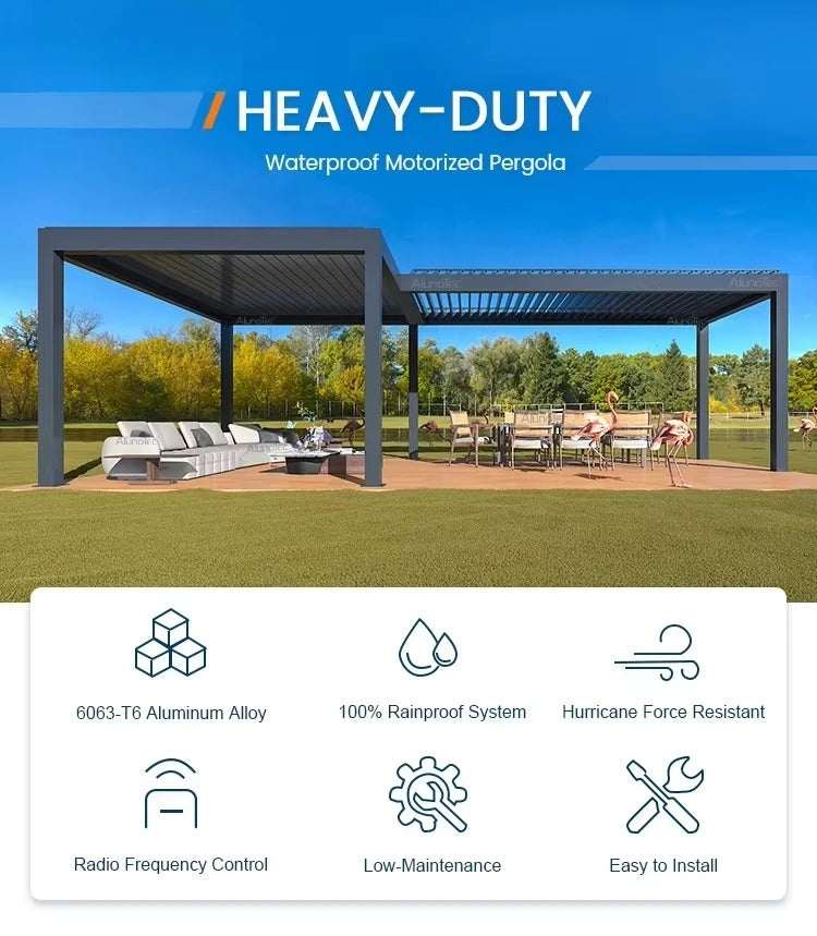 Louvered Bioclimatic Aluminum Patio Cover, Modern Waterproof Windproof Outdoor Pergola Shelter for Residential Courtyard