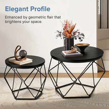 JHK 20IN Round Geometric Coffee Table Set of 2 Movable End Tables for Living Room Nesting Side Tables with Hidden Storage
