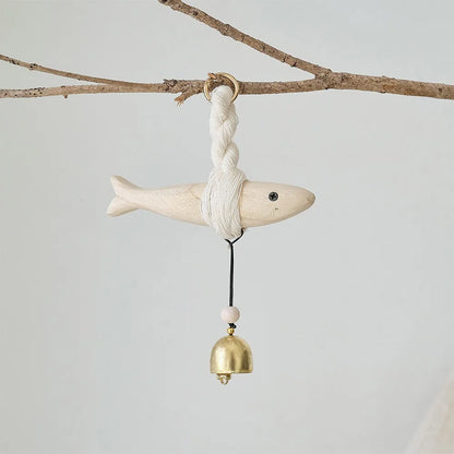 Creative Handmade Wood Fish Door Bell Hand Carved Lightweight Fish Wall Decoration Rustic Lucky Fish Door Chimes Living Room