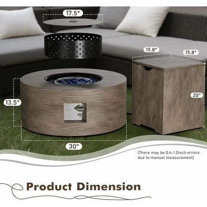 30 Round Propane Fire Pit Table with 50K BTU, Lid, Rock Tank Storage, and Cover - Outdoor Patio Gas Fire Pit with Teak Finish