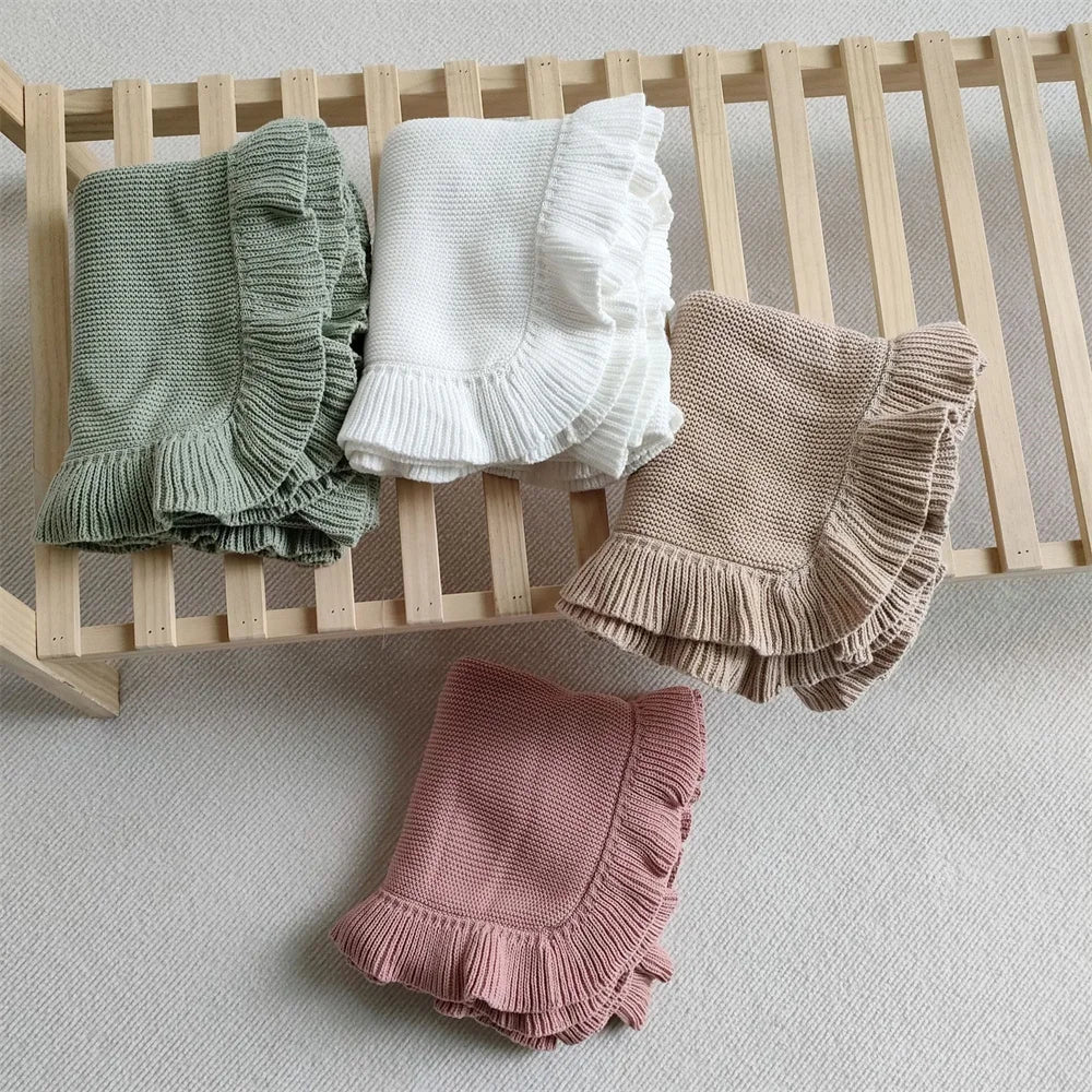Ruffle Knitted Blanket For Kids Soft Cotton Throw Blanket Cuddle Stroller Swaddling Crib Blanket For Newborn