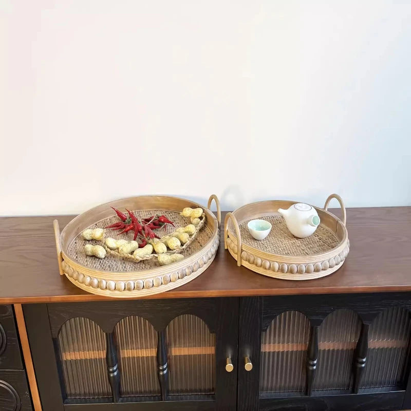 Vintage Style Rattan Woven Tray Solid Wood Fruit Basket Multipurpose Storage Plate Natural Farmhouse Kitchen Serving Dish