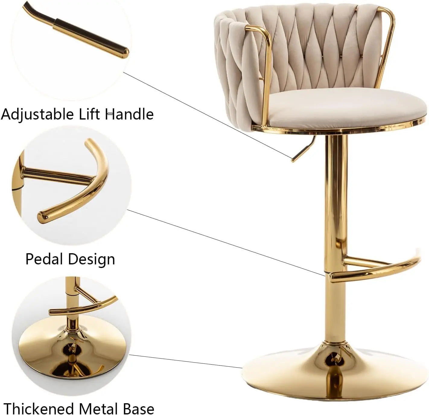 Gold Velvet Bar Stools Set of 3, Swivel Counter Height Bar Stools with Back, Adjustable Woven Barstools for Kitchen, Customized