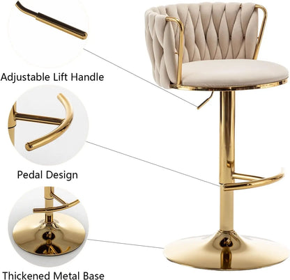Gold Velvet Bar Stools Set of 3, Swivel Counter Height Bar Stools with Back, Adjustable Woven Barstools for Kitchen, Customized