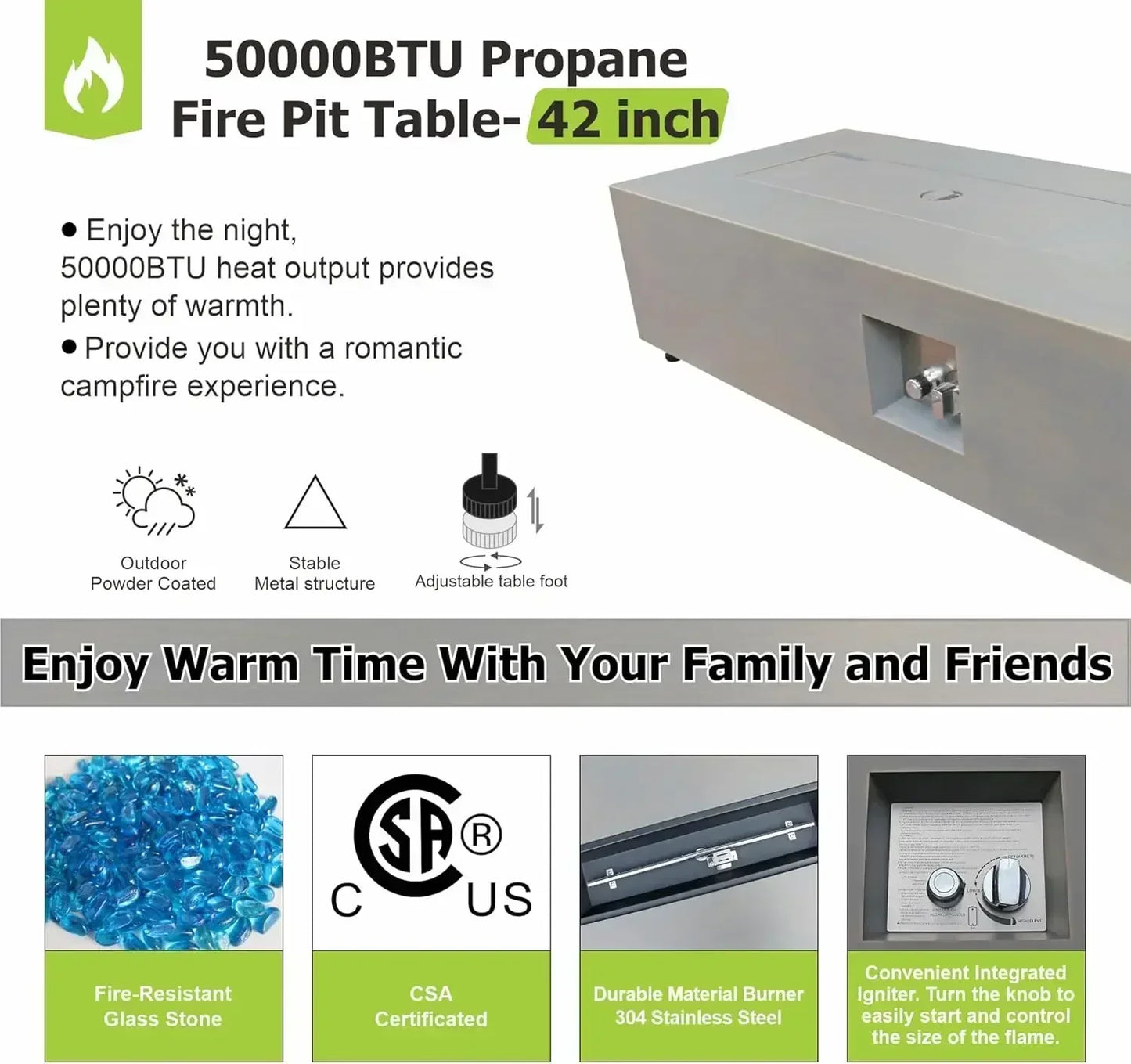 （XMSJ-Hot）Outdoor Fire Pit Table Propane Gas Fire pits Outdoor Fireplaces 42″ Rectangular Firepit Table,50,000BTU Table Patio Se