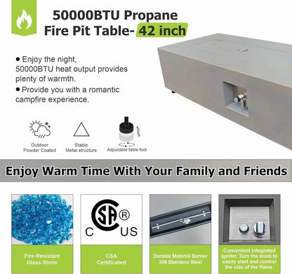 （XMSJ-Hot）Outdoor Fire Pit Table Propane Gas Fire pits Outdoor Fireplaces 42″ Rectangular Firepit Table,50,000BTU Table Patio Se